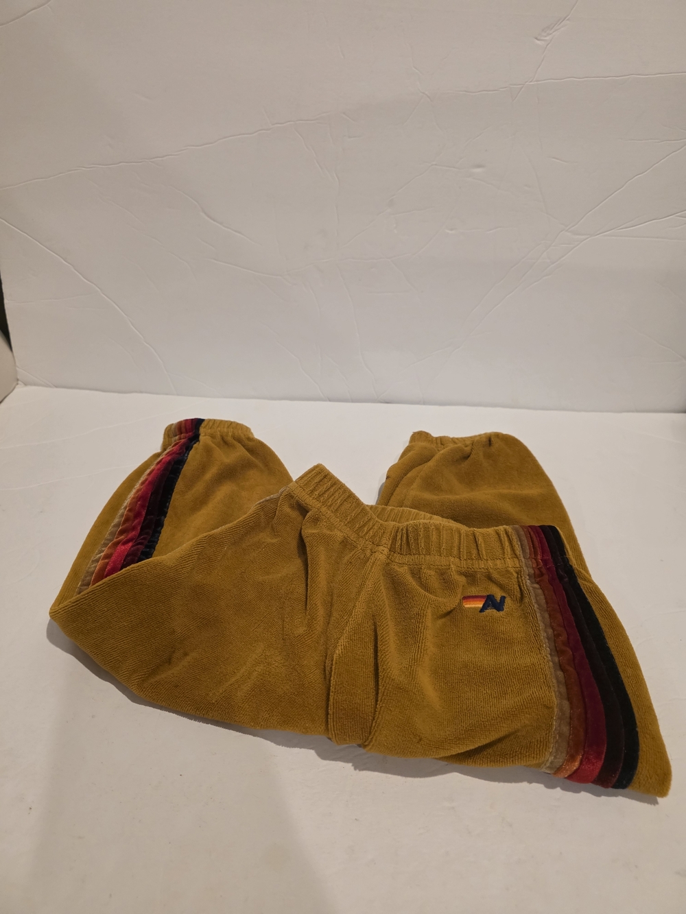 Aviator Nation Kids Mustard Velour Joggers with Rainbow Side Stripes
